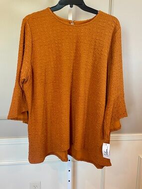 Calessa NWT 3X Stretch Tunic Top Rust Orange Textured Bell Sleeve Long Length